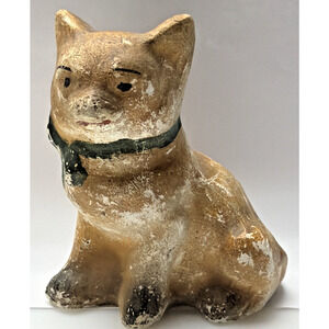 Old Chalkware Cat Kitten Figurine Bow Hand Painted Face As Is